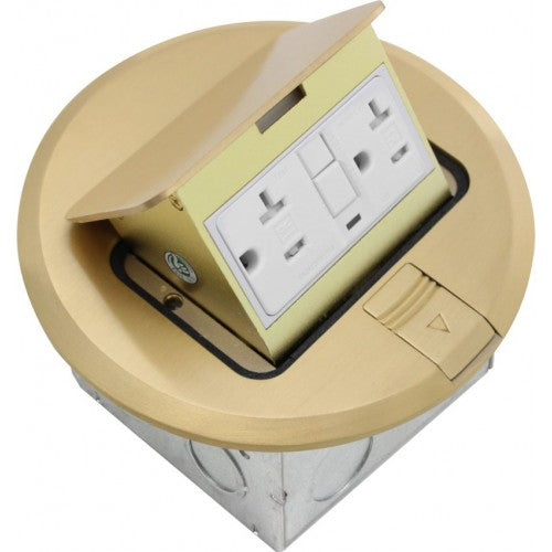 Orbit FLBPU-G-R-BR Floor Box Pop-Up Round With Cooper GFCI Receptacle - Brass