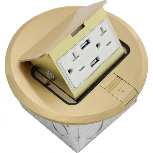 Orbit FLBPU-DU-R-BR Floor Box Pop-Up Round Receptacle, Tamper Resistant & 2 USB Ports With 5VDC - Brass