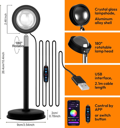 Malibu App - Controlled LED Sunset Projector Lamp – 21 Color Changing Mood Light, 180° Adjustable for Bedroom, Photography & Decor - Sonic Electric