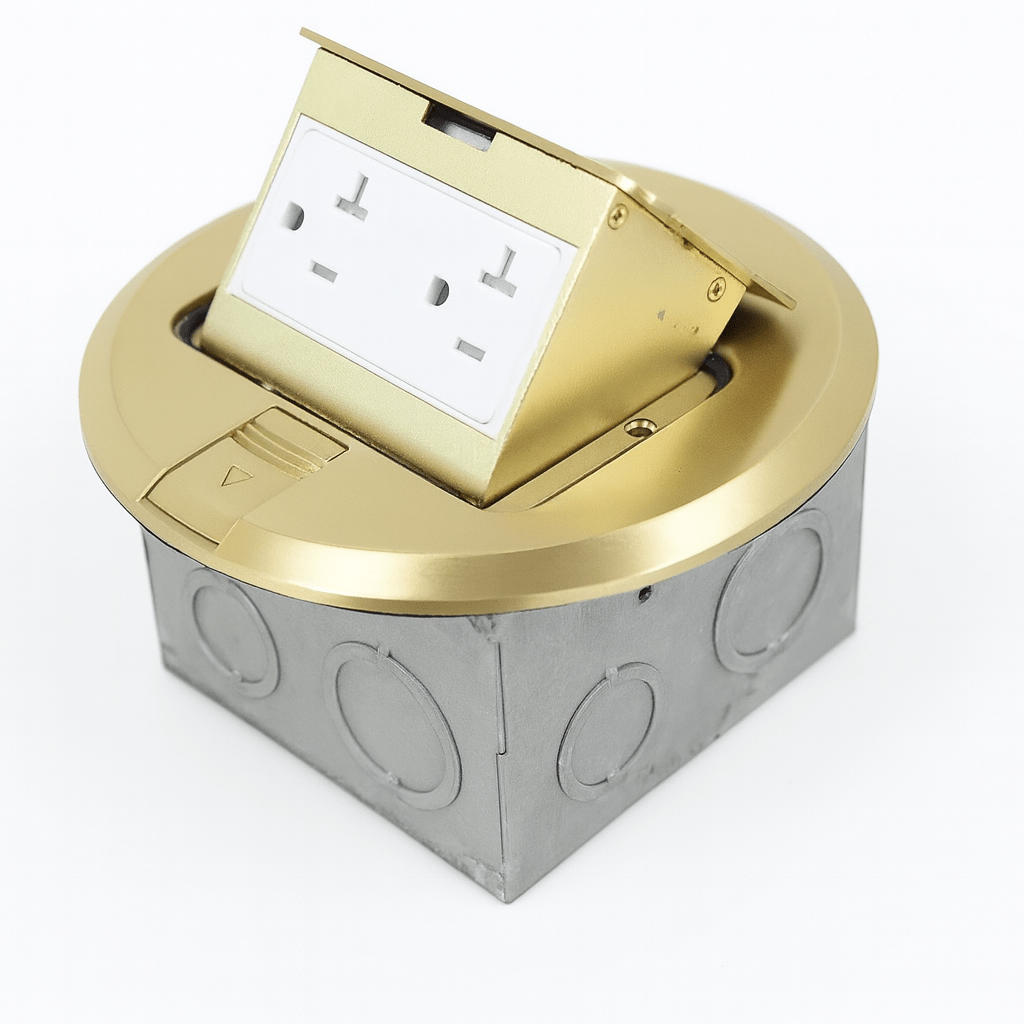 One - Gang Round Floor Box with 20A Tamper Duplex Receptacle – Brass - Sonic Electric