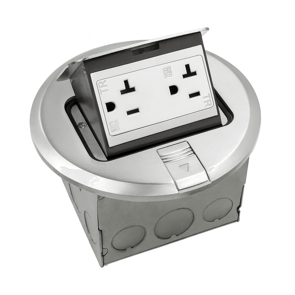 One - Gang Round Floor Box with 20A Tamper Duplex Receptacle – Stainless Steel - Sonic Electric