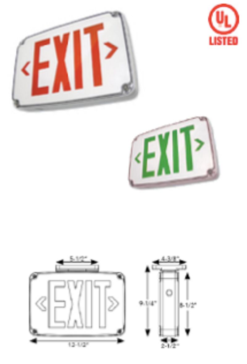 Wet Location LED Exit Sign, Double Face, Red Letters, Gray Panel