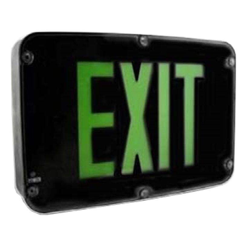 Nema 4x Rated LED Exit Sign, Double Face, Green Letters, Black Panel
