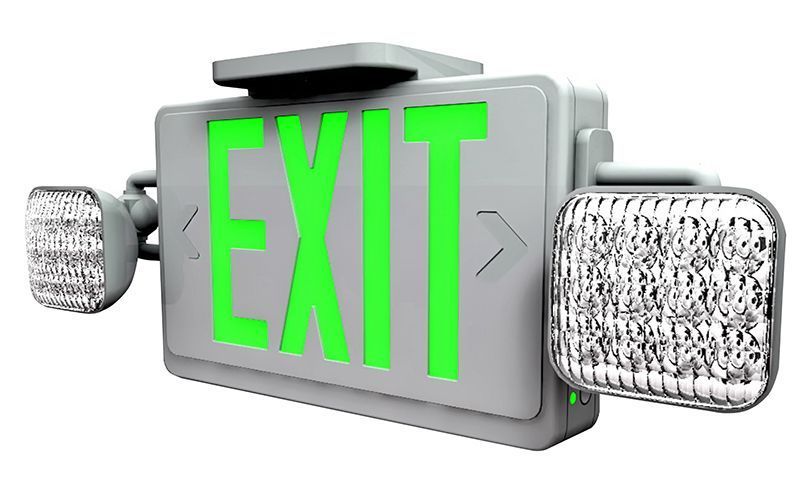 Combination LED Exit Sign & LED Emergency, Universal Single/Double Face, Green Letters, White Housing