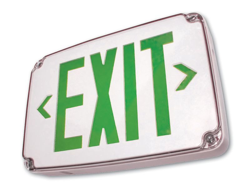 Wet Location LED Exit Sign, Single Face, Green Letters, Gray Panel