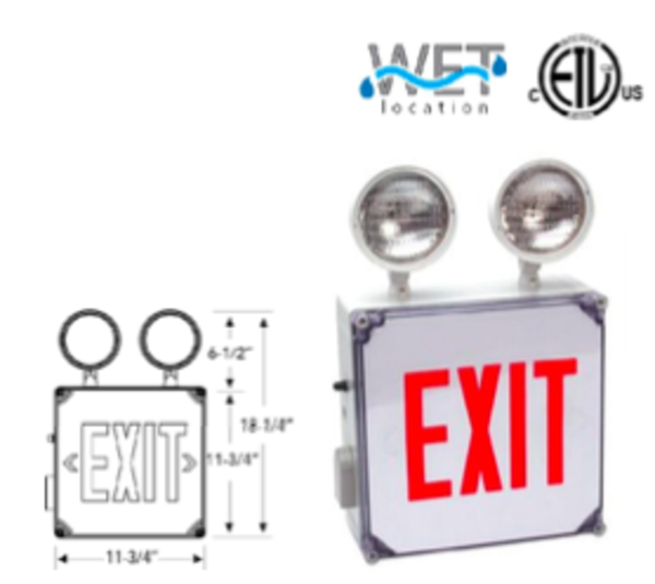 Westgate XT-CWP-GG-EM Wet Location Combination LED Exit Sign & Incandescent Emergency, Single Face, Green Letters, Gray Housing