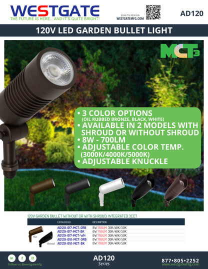 Westgate 120V 8W Integrated LED Garden Spot Light with 3-CCT Switch - Multiple Finishes