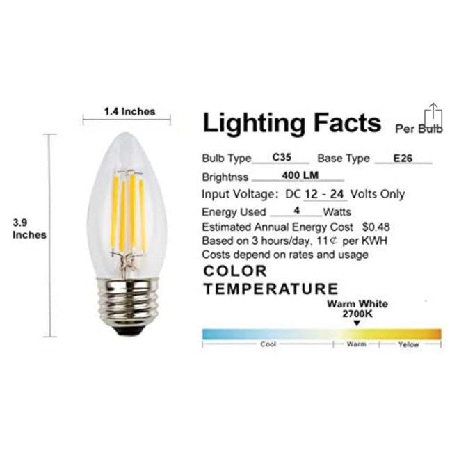 ABBA E26 4W 12V Dimmable LED Light Bulb - 3000K, Warm White or 5000K, Cool White - Sonic Electric