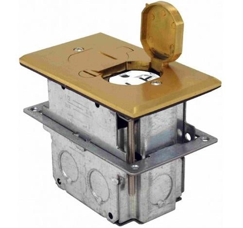 Brass Floor Box Flip Clover with Duplex Receptacle (TR) and Adjustable Box - Sonic Electric