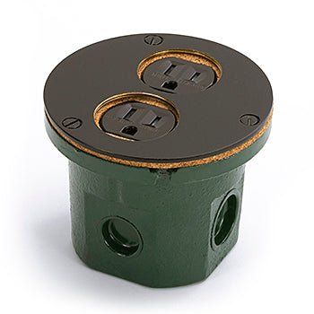 Flush Mounted Round Floor Box, One 15A Duplex, 2 Screw Plugs - Sonic Electric