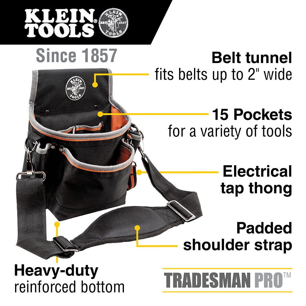 Klein Tradesman Pro™ Tool Pouch, 15 Pockets, 11.5 x 4.5 x 10-Inch - Sonic Electric