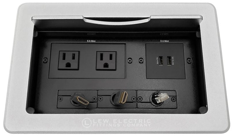 Kramer TBUS-10 Conference Table Box- 2 Power, 2 charging USB (one 2.4 Amp; one 1.0 Amp), 2 Retracting HDMI, 1 Retracting Cat6 - Sonic Electric
