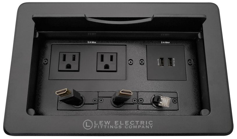 Kramer TBUS-10 Conference Table Box- 2 Power, 2 charging USB (one 2.4 Amp; one 1.0 Amp), 2 Retracting HDMI, 1 Retracting Cat6 - Sonic Electric