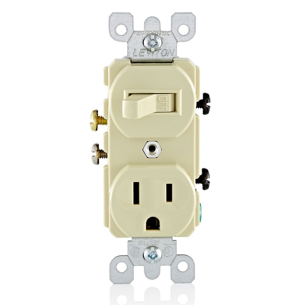 Leviton 15 Amp, 120 Volt, Duplex Style Single-Pole / 5-15R AC Combination Switch, Commercial Grade, Grounding, Side Wired, Ivory - Sonic Electric