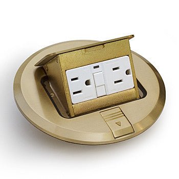 Lew Electric PUFP-B 6″ Brass Pop Up Floor Plate with 15 AMP GFI Receptacle - Sonic Electric