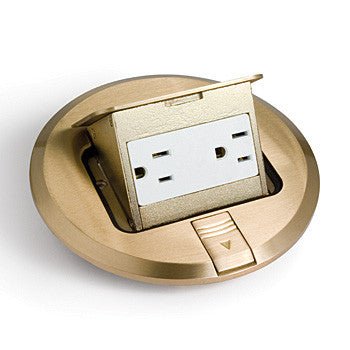 Lew Electric PUFP-BD 6″ Brass Pop-up Floor Plate with 15 AMP Decora Receptacle - Sonic Electric