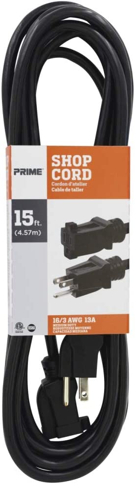 Prime EC502615 15 ft. 16/3 SJTW Indoor/Outdoor Extension Cord - Black - Sonic Electric