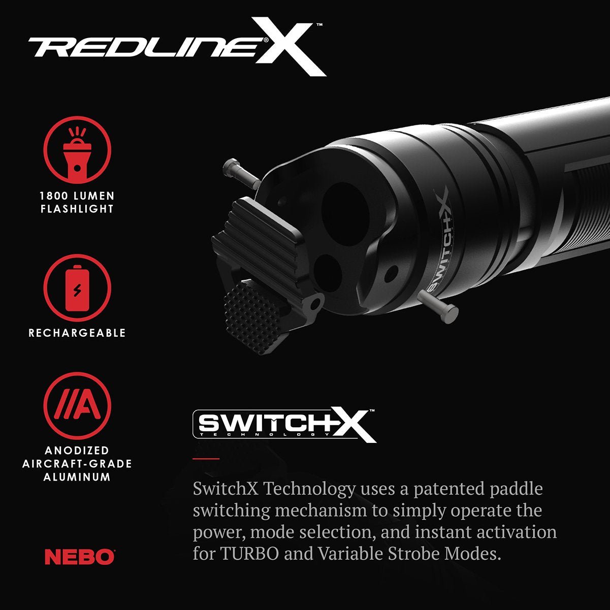 Redline X Rechargeable LED Flashlight with 1800 Lumen Turbo Mode - Sonic Electric