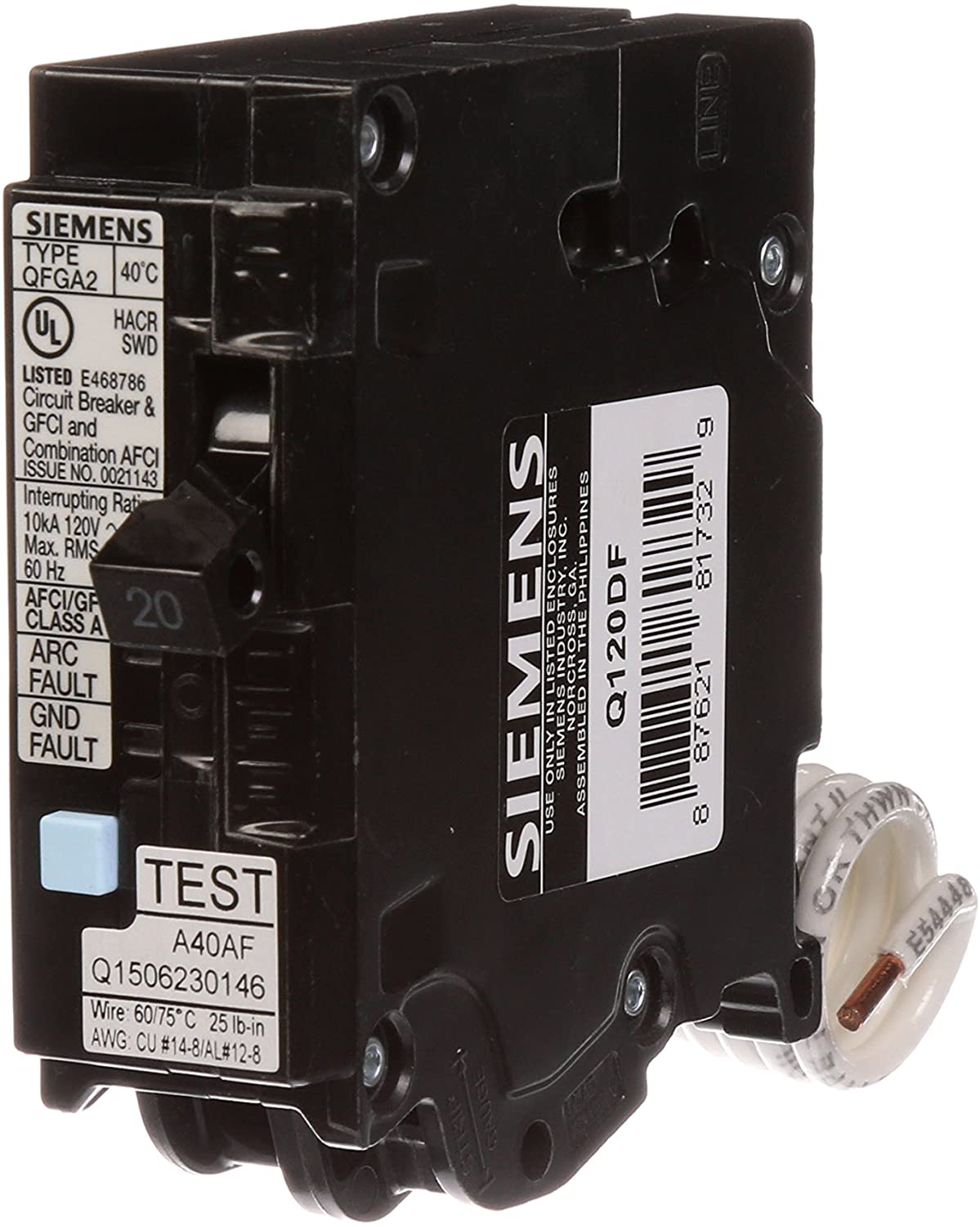 Siemens Q120DF 20-Amp 1-Pole Dual Function AFCI/GFCI Circuit Breaker - Sonic Electric