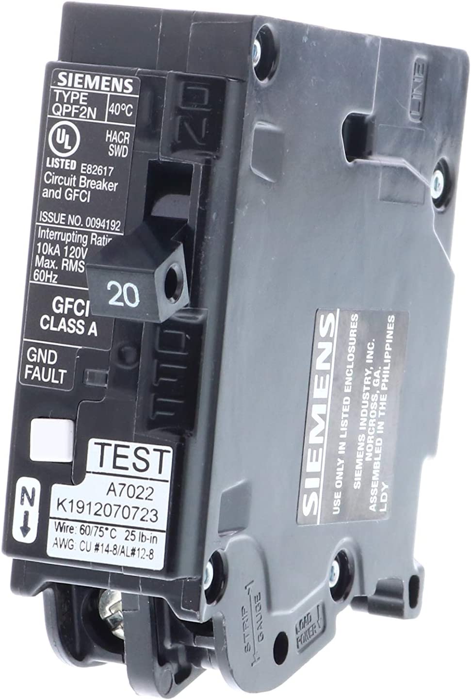 Siemens QF120AN 20 Amp 1-Pole GFCI Plug-On Neutral Circuit Breaker - Sonic Electric