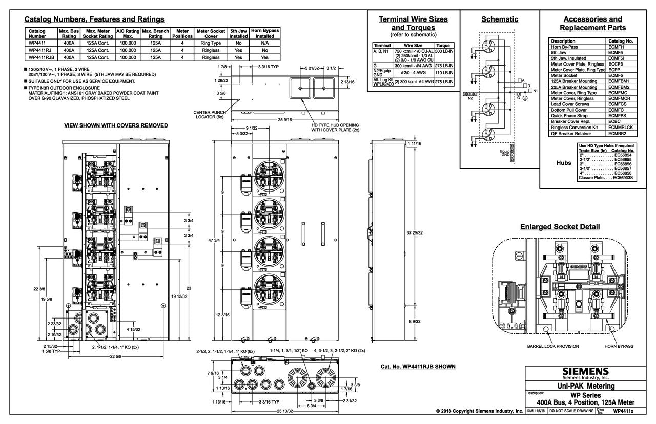 Siemens Uni-Pak WP4411 400-Amp 125-Amp Per Position 4-Position Ring Type Meter - Sonic Electric