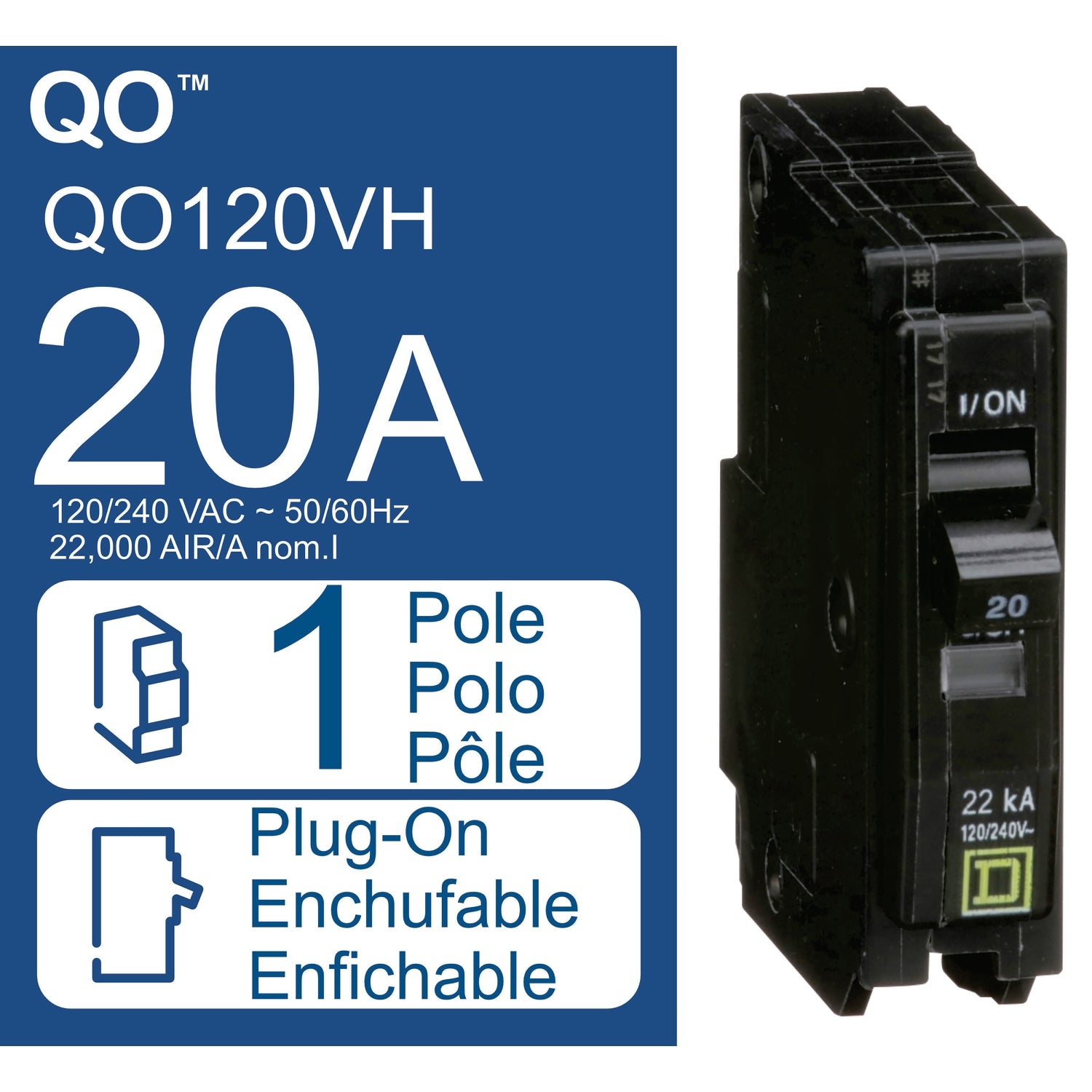 Square D QO120VH 1-Pole 20-Amp 22KAIC Circuit Breaker - Sonic Electric