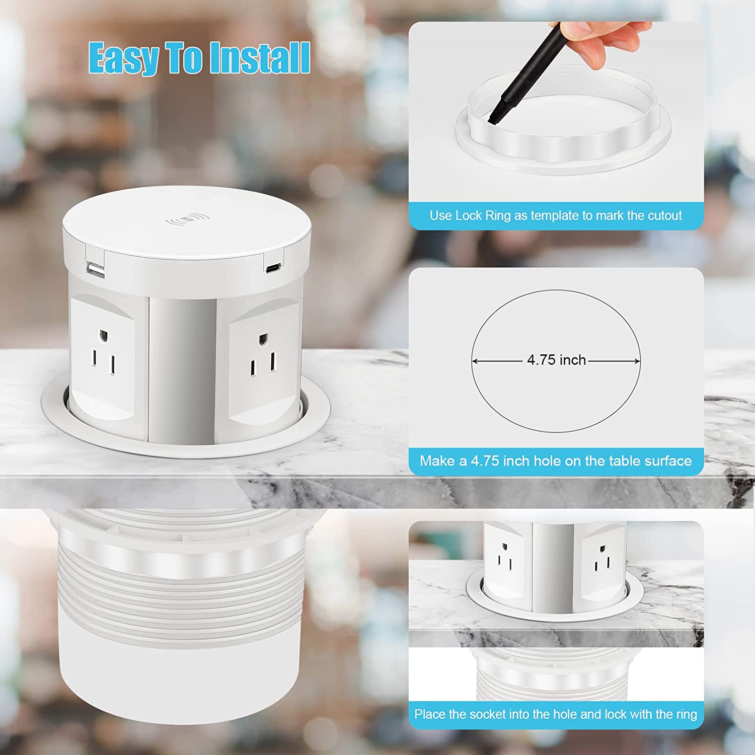 Wireless Charging Kitchen Counter Pop Up With 4 Receptacles with Type-A and Type-C USB - ETL Certified - Sonic Electric